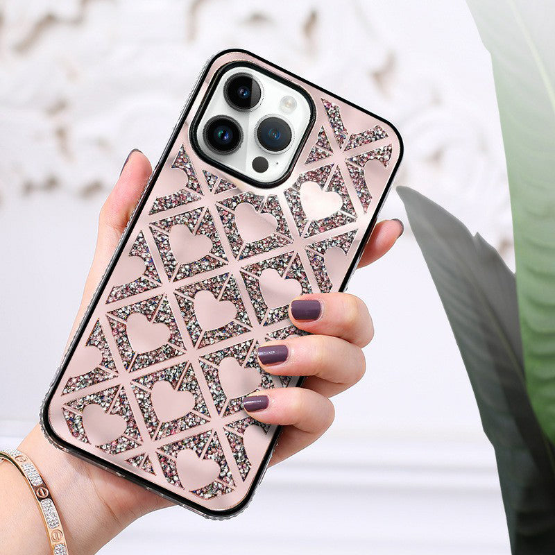 Compatible With Iphone Case Cute Heart Case Glitter Sparkle Love Shaped Cover For Women Girls Girly Luxury Stylish Heart-Shaped Rhinestone Shockproof Phone Cover