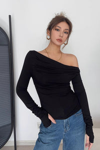 Off Shoulder Pleated Long Sleeve Tops