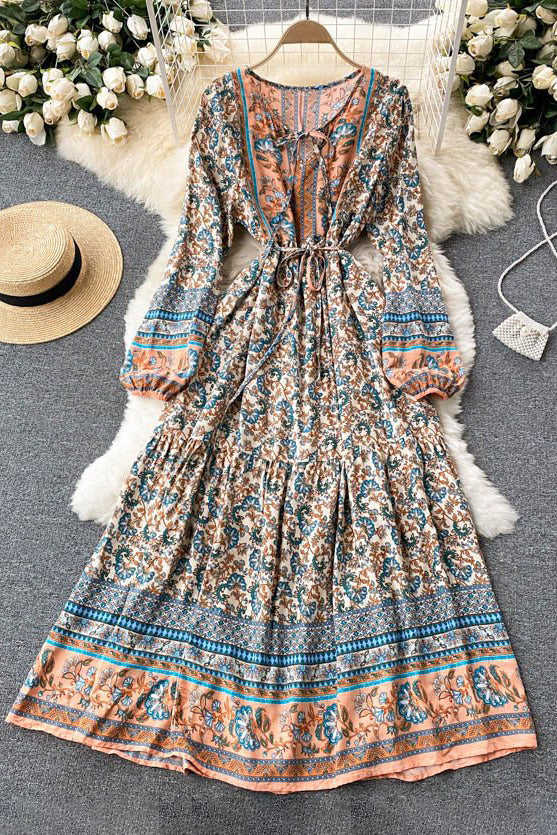 Retro Women Floral Strappy Long Sleeve Maxi Dress