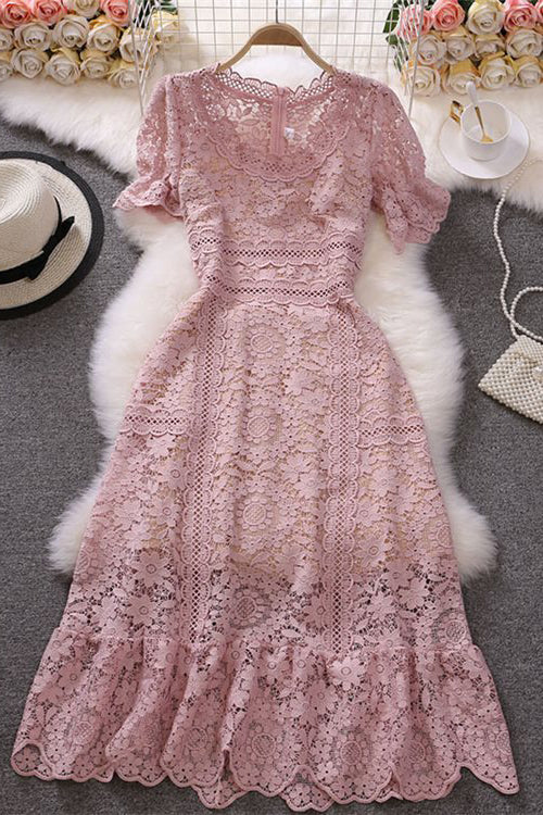 Women Sexy Lace Hollow Short Sleeve Maxi Dress