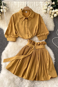 Fashion Women Short Sleeve Shirt Tops Pleated Skirt Set Two-Piece