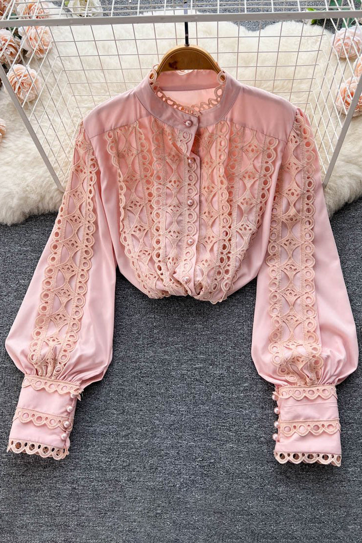 Fashion Women Lace Hollow Long Sleeve Tops