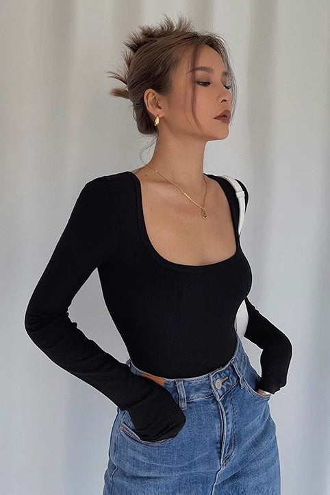 Women's Long Sleeve Scoop Neck Ribbed Tops Fitted Basic Shirts