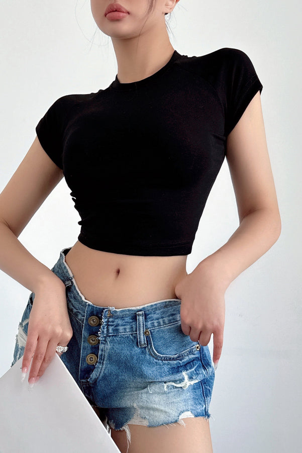 Fashion Women Scoop Neck Short Sleeve Crop Tops