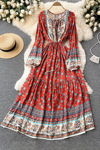 Retro Women Floral Strappy Long Sleeve Maxi Dress