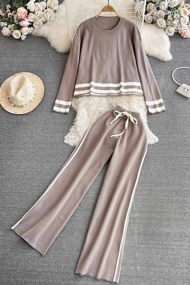 Fashion Women Long Sleeve Knit Top Pants Trousers Set Two-Piece