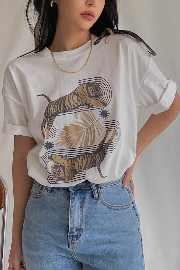 Tiger Print Short Sleeve Crew Neck Shirt Tops