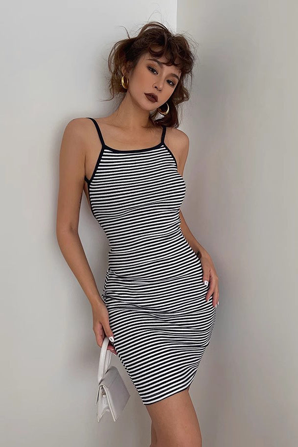 Women's Striped Print Backless Bodycon Dress