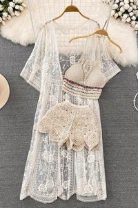 Sexy Women Beach Embroidery Vest Tank Top Shorts Long Cardigan Dress Set Three-Piece