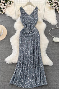 Fashion Women Sleeveless V-Neck Sequin Maxi Dress