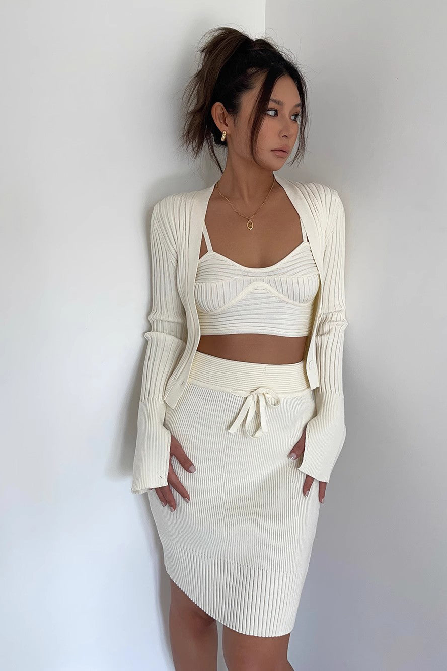 Women's Solid Rib-knit Vest & Crop Shirt & Fitted Skirt 3 Piece Set