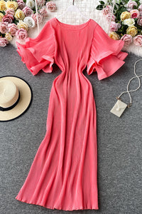 Sexy Women Lace Pleated Short Sleeve Maxi Dress