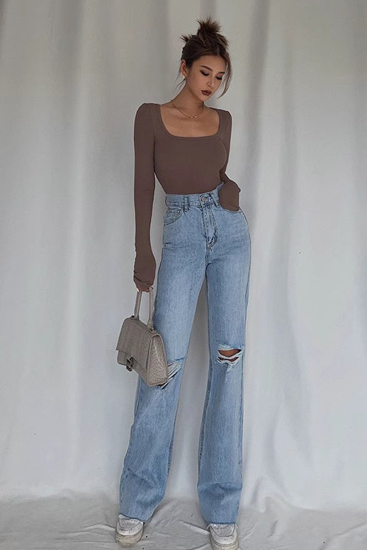 Ripped Pocket Side Straight Leg Jeans