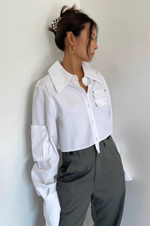Women's Single Button Lapel Neck Crop Shirt Tops