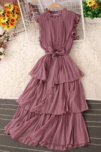 Fashion Women Lace Sleeveless Pleated Maxi Dress