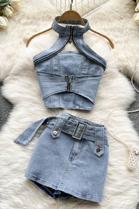 Retro Women Denim Hollow Halter Vest Tank Top Skirt Set Two-Piece