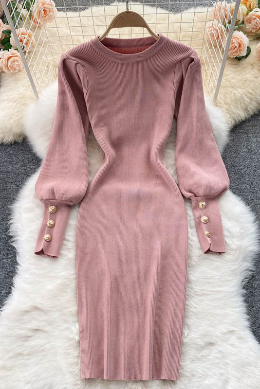 Fashion Women Knit Round Neck Long Sleeve Stretch Maxi Dress