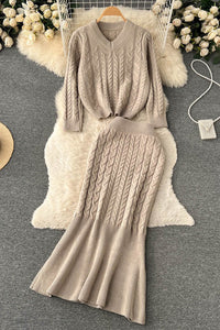 Fashion Women V-Neck Long Sleeve Top Sweater Skirt Set Two-Piece