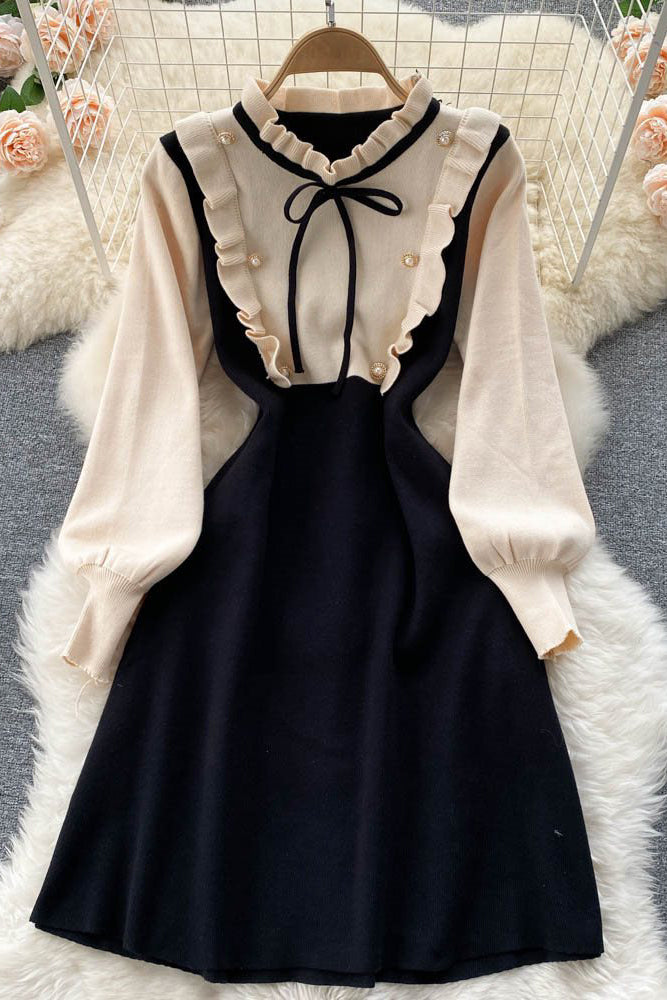 Fashion Women Lace Knit Buttons Strappy Dress