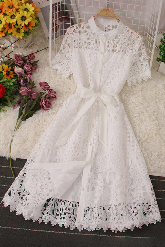 Fashion Women Lace Hollow Short Sleeve Buttons Maxi Dress