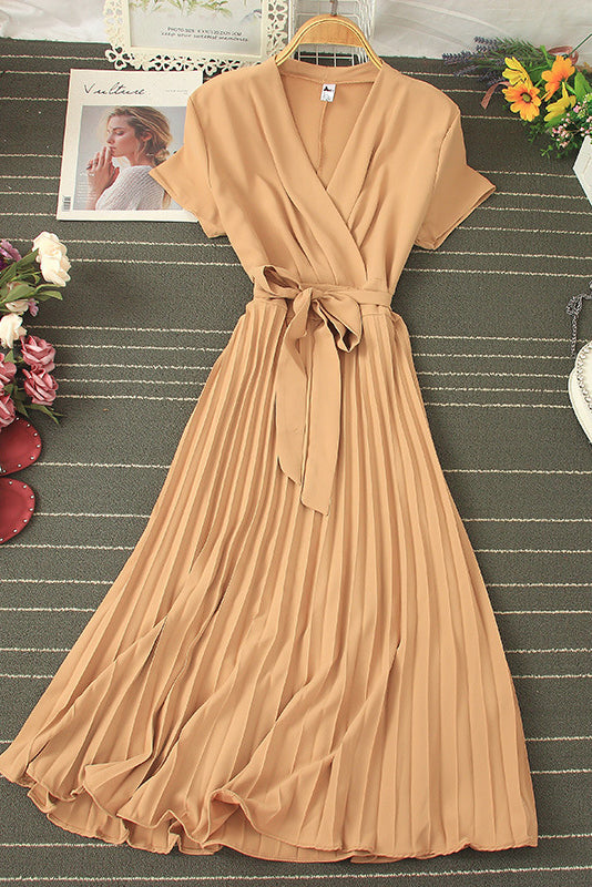 Fashion Women V-Neck Short Sleeve Strappy Pleated Maxi Dress