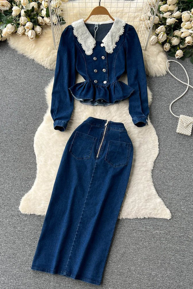 Fashion Women Lace Neck Buttons Long Sleeve Jeans Top Jeans Skirt Set Two-Piece