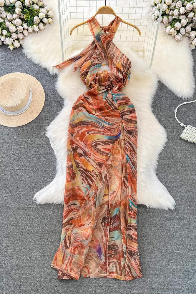 Sexy Women Tie Dye Sleeveless Backless Halter Maxi Dress