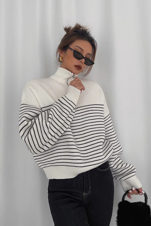 Women's Striped Print  Sweaters Fashion Zip Up Outwear Coats