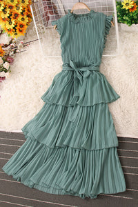 Fashion Women Lace Sleeveless Pleated Maxi Dress