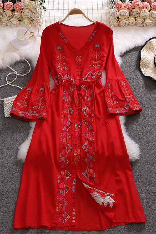 Boho Women Embroidery Long Sleeve V-Neck Strappy Maxi Dress