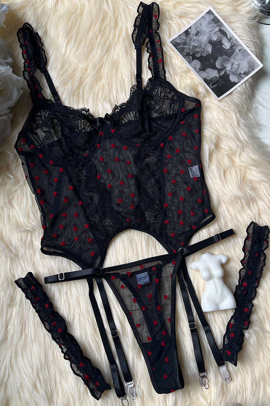 Sexy Women Heart Pattern Lace Strap Underwear Lingerie Set