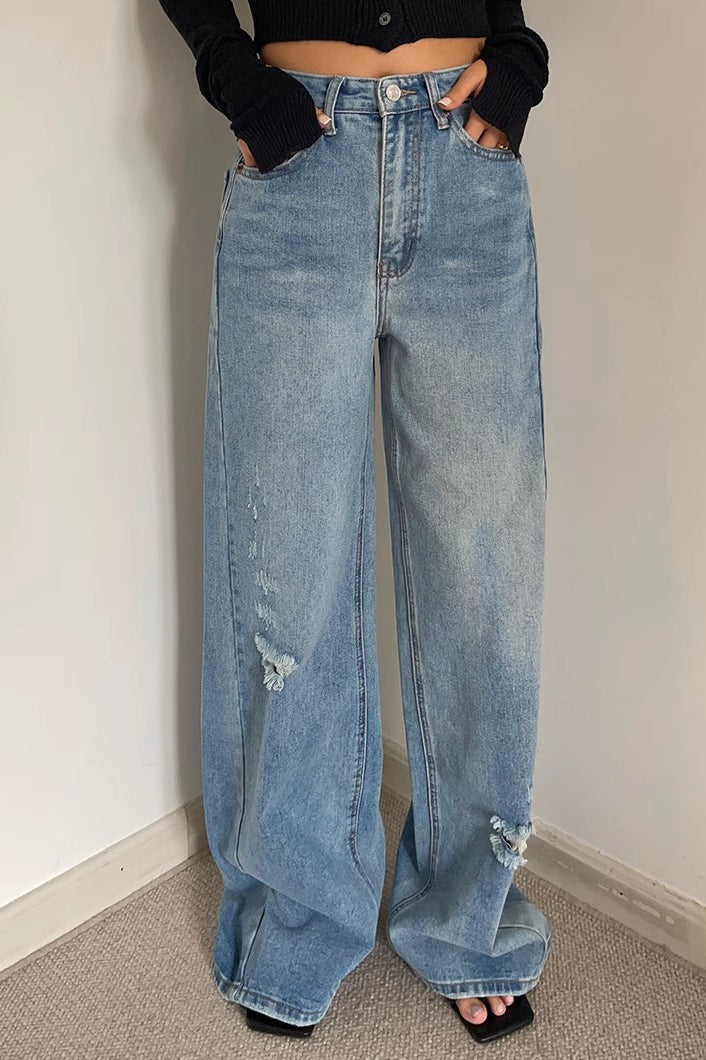 Ripped Wide Leg Slant Pocket Jeans