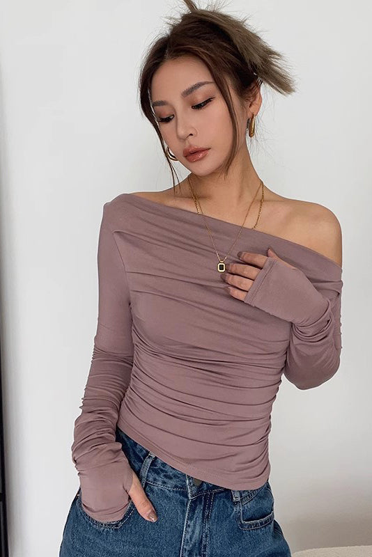 Off Shoulder Pleated Long Sleeve Tops