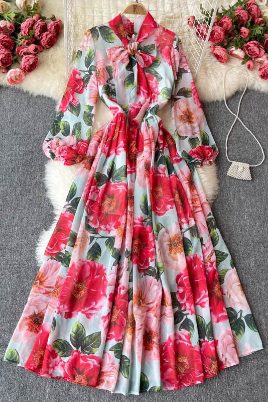 Fashion Women Strappy Long Sleeve Floral Maxi Dress