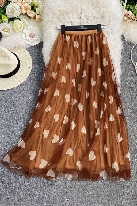 Fashion Women Heart Print Gauze A-Line Skirt