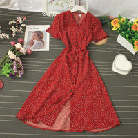 Fashion Women Polka Dots Short Sleeve Buttons Maxi Dress