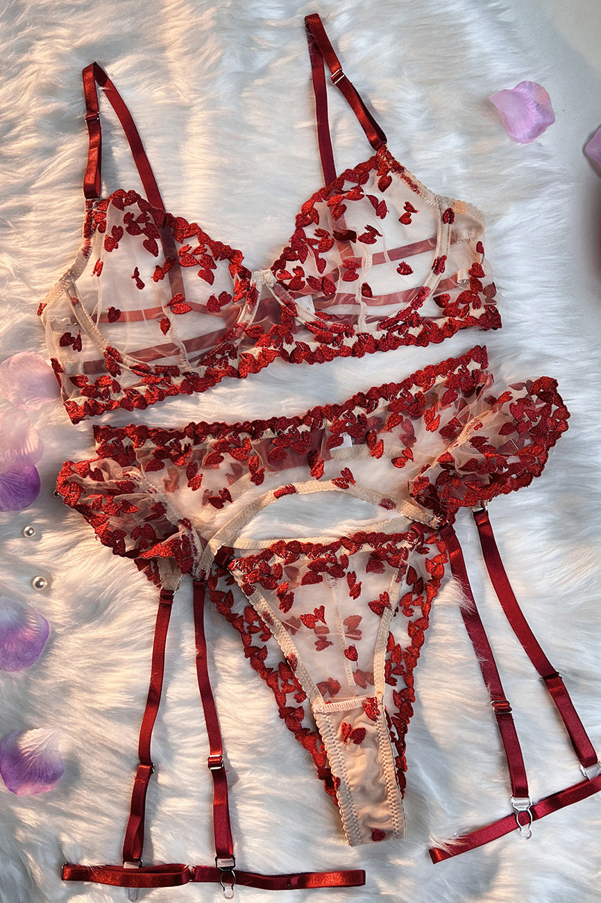 Sexy Women Heart Embroidery Gauze Underwear Lingerie Set