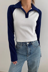 Women's Contrast Lapel Neck Sweatshirt Tops Shirt