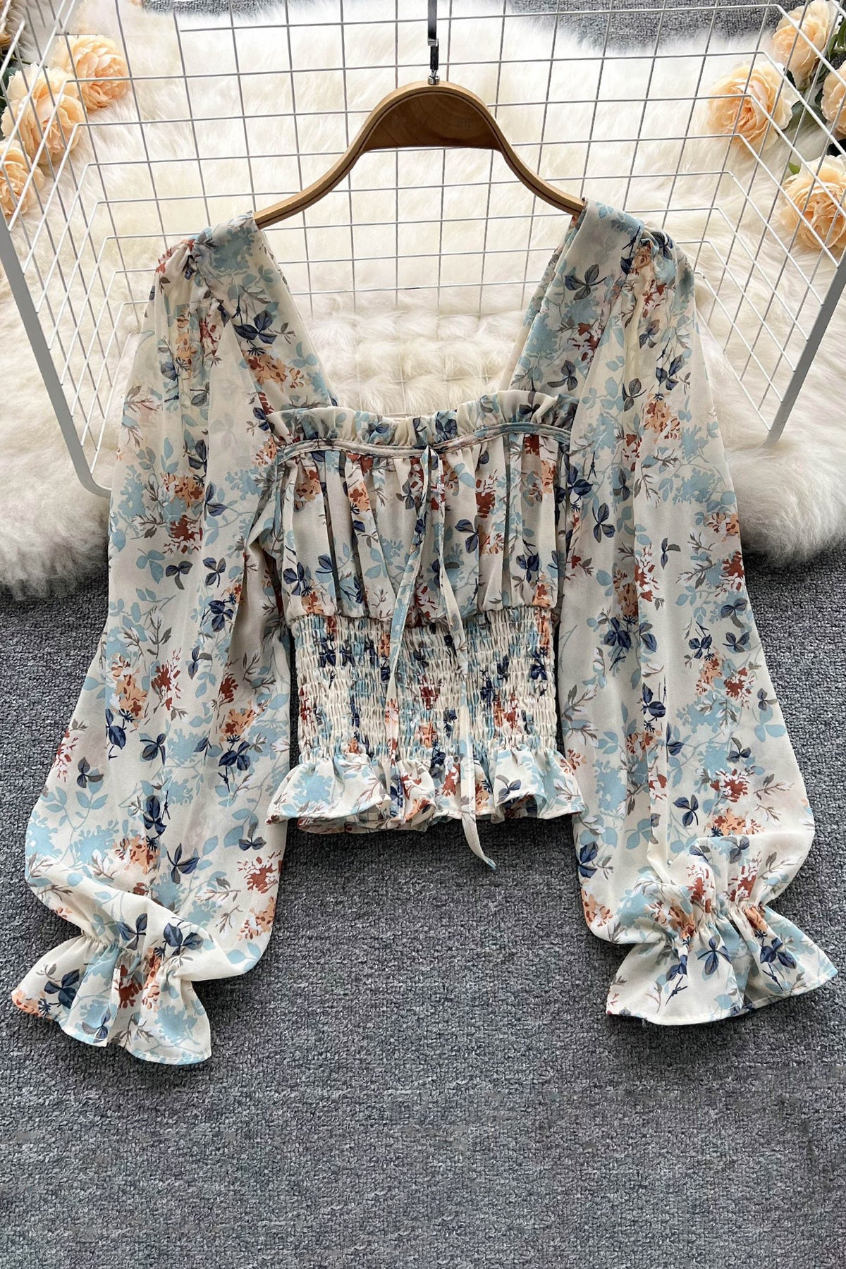 Sexy Women Floral Ruffle Long Sleeve Crop Top