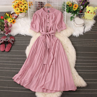 Fashion Women Lapel Buttons Short Sleeve Pleated Maxi Dress