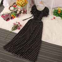 Fashion Women Short Sleeve Ruffle Polka Dots Maxi Dress