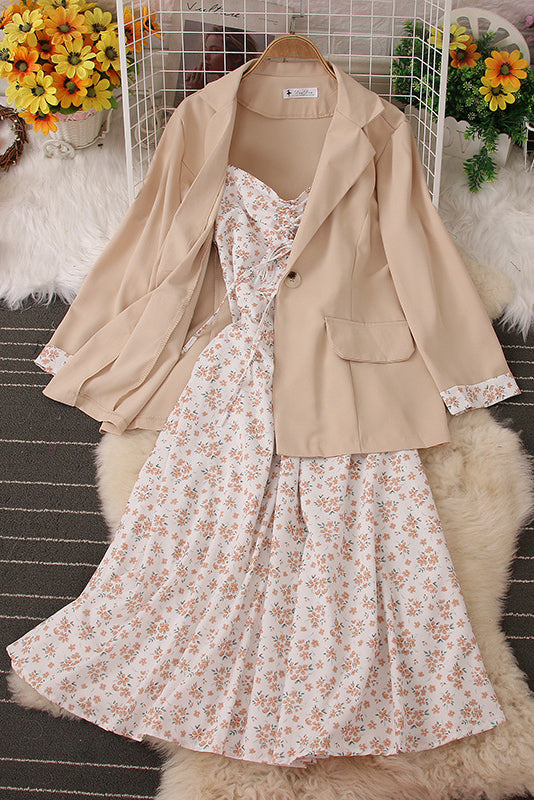 Fashion Women Floral Strap Maxi Dress Coat Set Two-Piece