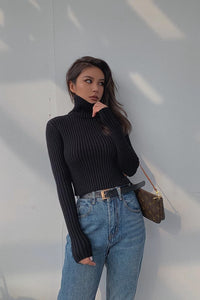 Women's Mock Neck Rib-knit Long Sleeve Crop Sweater