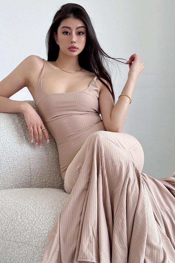 Sexy Women Square Neck Sleeveless Strap Backless Maxi Dress