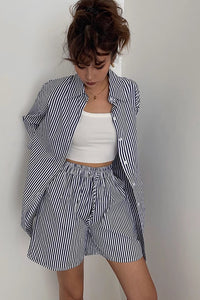 Striped Print Outwear Shirts and Drawstring Waist Shorts Two Piece Set