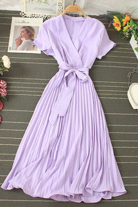 Fashion Women V-Neck Short Sleeve Strappy Pleated Maxi Dress