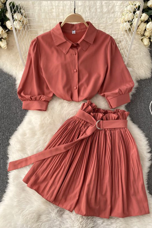 Fashion Women Short Sleeve Shirt Tops Pleated Skirt Set Two-Piece