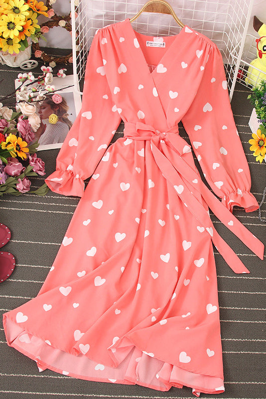 Retro Women Heart Print Long Sleeve Strappy Maxi Dress