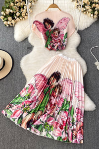 Fashion Women Print Short Sleeve Tops Skirt Set Two-Piece