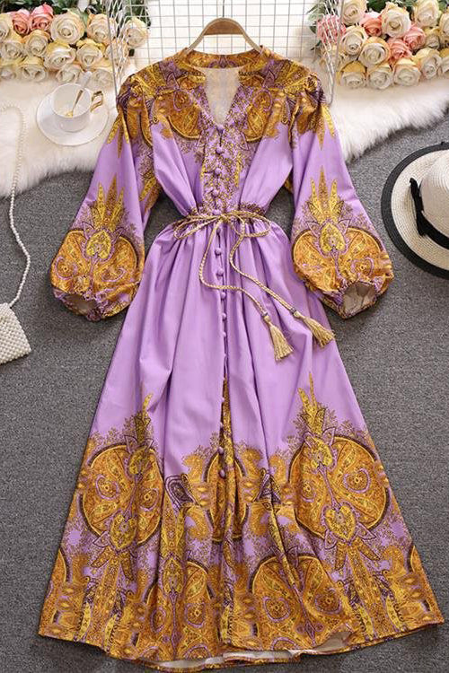 Retro Women V-Neck Long Sleeve Strappy Maxi Dress